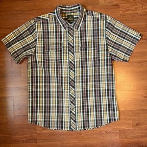 prAna Men's black, yellow, & red plaid short sleeved shirt Size XL